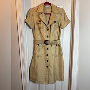 Kay Unger Beige Silk Double Stitch Womens Dress Belted Button Down Pockets Sz 10